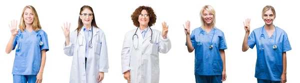 Collage Grupp Professionella Läkare Kvinnor Över Vit Isolerade Bakgrund Visar — Stockfoto
