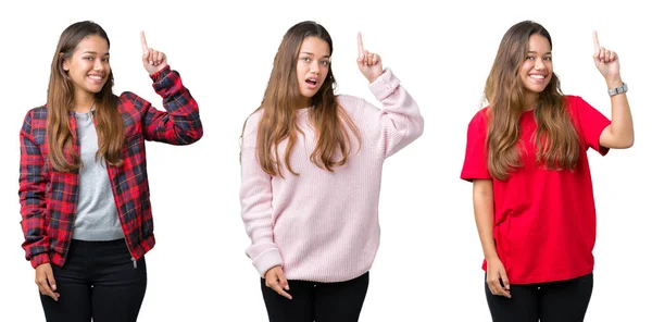 Collage Vackra Unga Kvinnan Över Isolerade Bakgrund Pekar Finger Med — Stockfoto