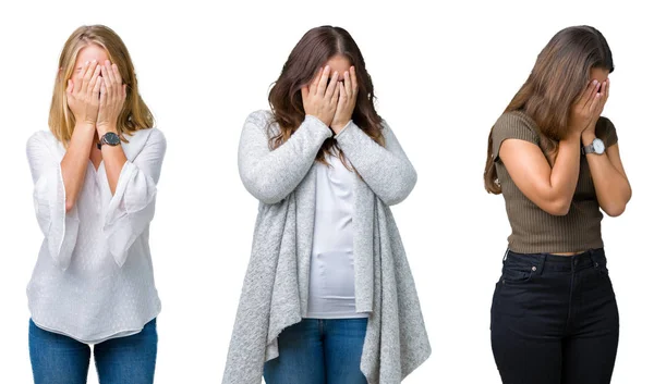 Collage Group Three Young Beautiful Women White Isolated Background Sad — Stock Photo, Image