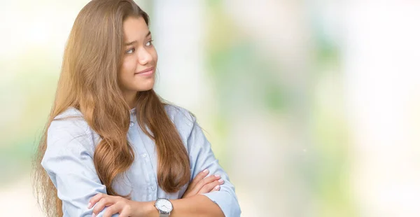 Joven Hermosa Mujer Negocios Morena Sobre Fondo Aislado Sonriendo Mirando —  Fotos de Stock