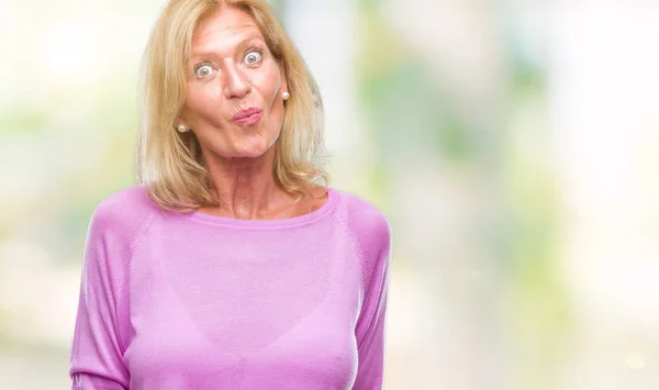 Middle Age Blonde Woman Isolated Background Making Fish Face Lips — Stock Photo, Image