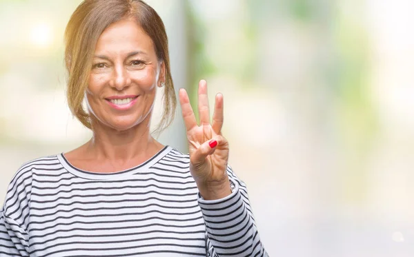 Middelbare Leeftijd Senior Latino Vrouw Geïsoleerde Achtergrond Weergeven Met Vingers — Stockfoto