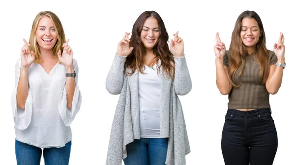 Collage Groupe Trois Jeunes Belles Femmes Sur Fond Blanc Isolé — Photo