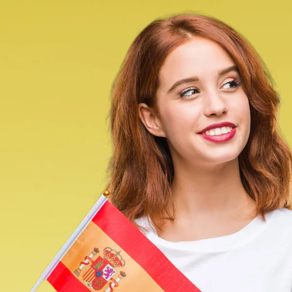 Mladá Krásná Žena Držící Vlajkou Španělska Nad Izolované Pozadí Ukazuje — Stock fotografie