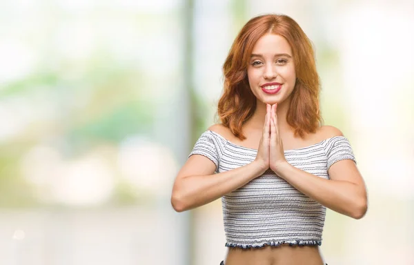 Mooie Jongedame Geïsoleerde Achtergrond Bidden Met Handen Samen Vragen Vergeving — Stockfoto