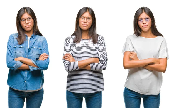 Collage Mujer Joven Asiática Pie Con Gafas Sobre Fondo Blanco —  Fotos de Stock