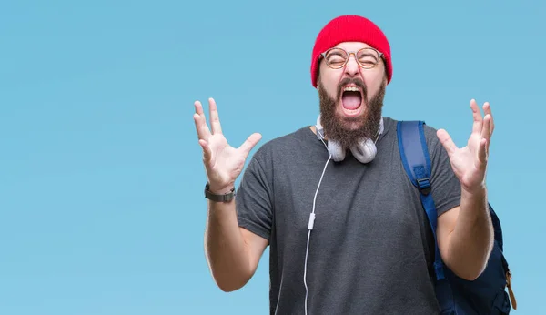 Unga Hipster Mannen Iförd Röd Ull Mössa Och Ryggsäck Över — Stockfoto