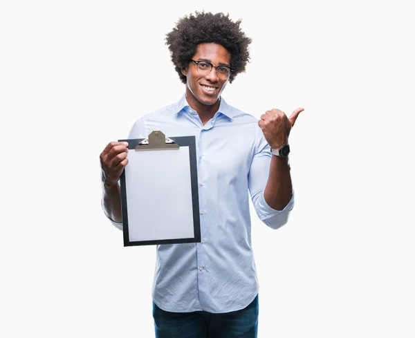 Afro American Man Holding Clipboard Isolated Background Pointing Showing Thumb — Stock Photo, Image