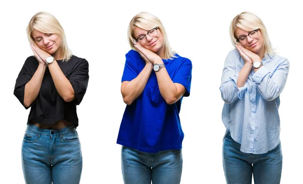 Colagem Bela Mulher Loira Sobre Fundo Isolado Dormindo Cansado Sonhando — Fotografia de Stock