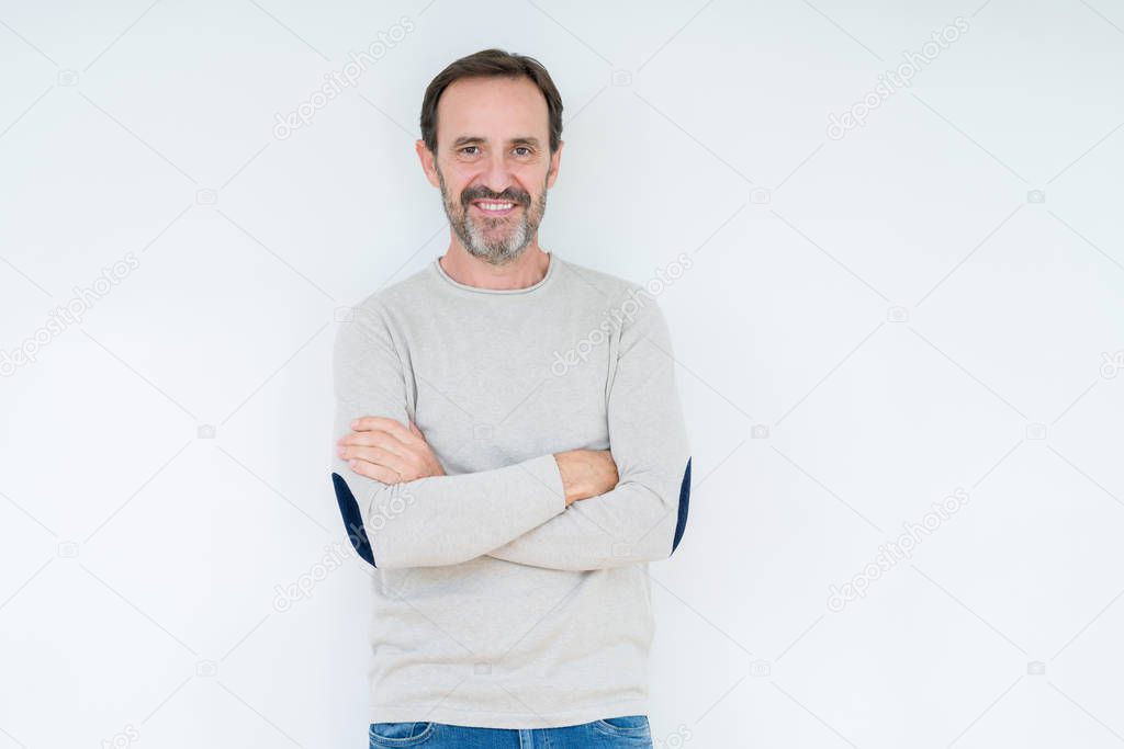 Elegant senior man over isolated background happy face smiling with crossed arms looking at the camera. Positive person.