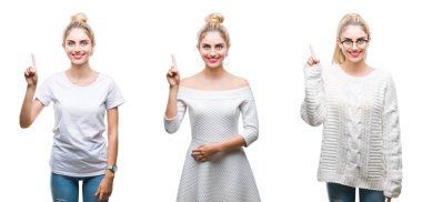 Genç güzel sarışın kadının gösterilen ve kendinden emin ve mutlu gülümseyen bir parmak ile işaret eden oktan yukarı beyaz izole arka plan üzerine kolaj.