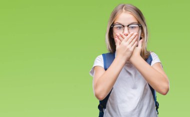 Genç güzel izole arka plan ağız hata için elleriyle kapsayan şok üzerinde sırt çantası giyen öğrenci kız akıllı. Gizli kavramı.