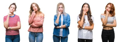 Çene düşünme hakkında soru, dalgın ifade üzerine el ile izole arka plan üzerinde kadınların genç güzel grop kolaj. Düşünceli yüzüyle gülümsüyor. Şüphe kavramı.