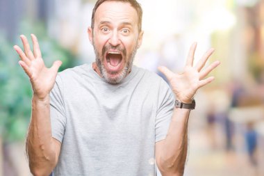 Orta yaş üst düzey ağarmış adam deli kutluyor arka plan izole ve başarı için kaldırdı kollarını açarak hayrete ve heyecanlı çığlık gözleri açık. Kazanan kavramı