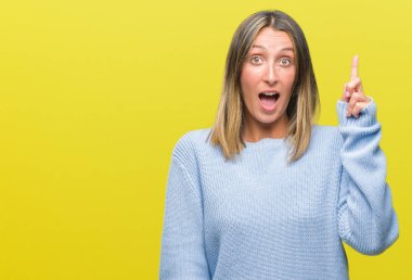 Genç güzel kadın giyiyor kış kazak başarılı fikirle parmağı yukarıyı izole arka plan üzerinde. Çıktıktan ve mutlu. Bir numara.