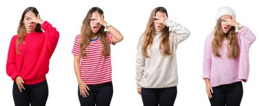 Güzel ve genç birbayan yüz ve gözler el ile kapsayan şok bakmak izole arka plan üzerinde parmak utanç ifadesi ile bakarak kolaj.