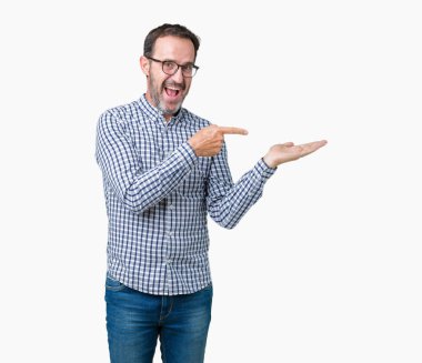 Hayret ve el ile sunulması ve parmak ile işaret ederken kameraya gülümseyen izole arka plan üzerinde gözlük takan yakışıklı orta yaş zarif üst düzey iş adamı.