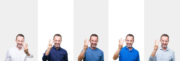 Collage Mezza Età Anziano Hoary Uomo Sfondo Isolato Mostrando Indicando — Foto Stock