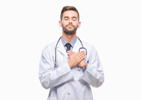 Young Handsome Doctor Man Isolated Background Smiling Hands Chest Closed — Stock Photo, Image