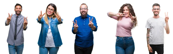 Collage Grupo Jóvenes Casuales Sobre Fondo Aislado Sonriendo Mirando Cámara — Foto de Stock