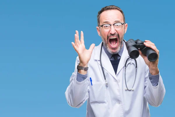 Middle Age Senior Hoary Doctor Man Looking Binoculars Isolated Background — Stock Photo, Image