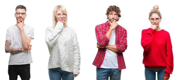 Collage Groupe Jeunes Gens Sur Fond Blanc Isolé Regardant Avec — Photo