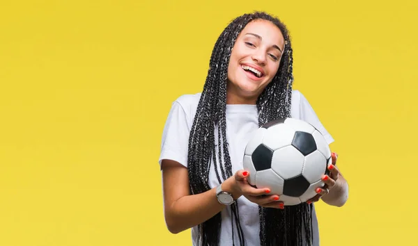 Joven Chica Afroamericana Trenzada Pelo Sosteniendo Pelota Fútbol Sobre Fondo —  Fotos de Stock