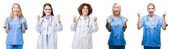职业医生妇女小组拼贴在白色隔绝的背景庆祝惊奇和惊奇为成功与胳膊抬起和睁大眼睛 优胜者概念 — 图库照片