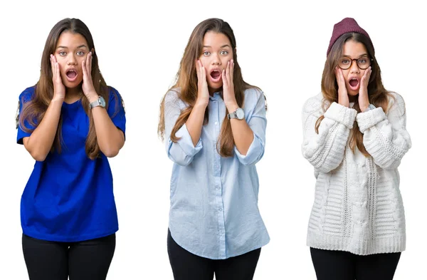 Collage Beautiful Young Woman Isolated Background Afraid Shocked Surprise Expression — Stock Photo, Image