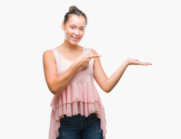 Young Caucasian Beautiful Woman Isolated Background Amazed Smiling Camera While — Stock Photo, Image