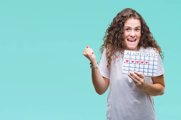 Jonge Brunette Meisje Houdt Van Menstruatie Kalender Geïsoleerde Achtergrond Schreeuwen — Stockfoto