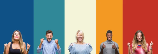 Collage Group Young People Colorful Vintage Isolated Background Excited Success — Stock Photo, Image