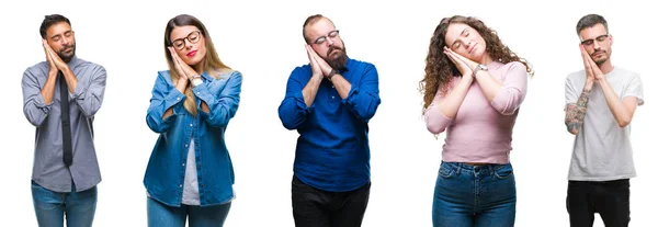 Collage Grupo Jóvenes Ocasionales Sobre Fondo Aislado Durmiendo Cansados Soñando — Foto de Stock