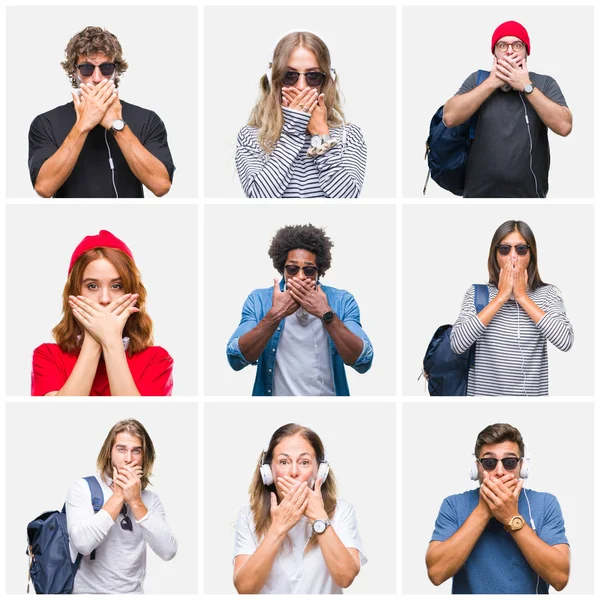 Collage Gruppo Persone Che Indossano Zaino Cuffie Sfondo Isolato Scioccato — Foto Stock