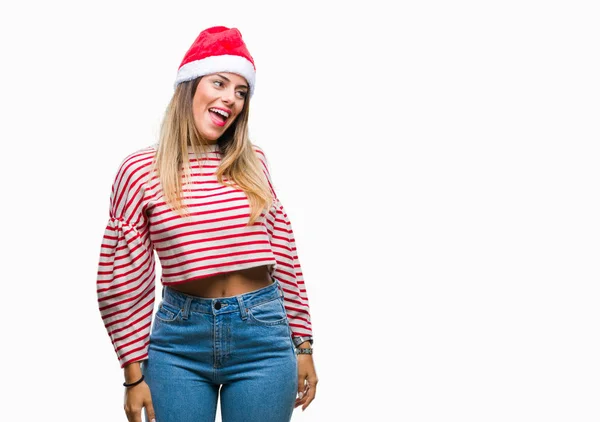 Giovane Bella Donna Indossa Cappello Natale Sfondo Isolato Guardando Altra — Foto Stock