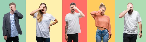 Collage Personas Del Grupo Mujeres Hombres Sobre Colorido Fondo Aislado —  Fotos de Stock