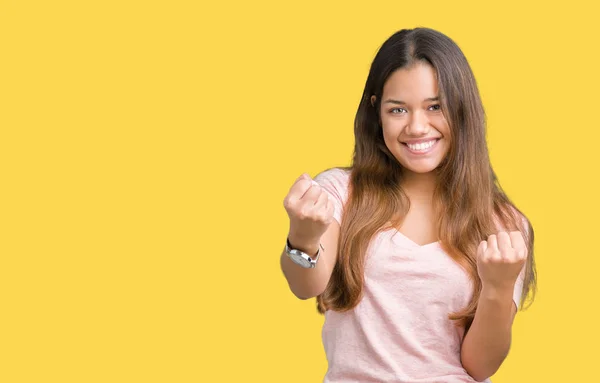 Joven Hermosa Morena Vistiendo Camiseta Rosa Sobre Fondo Aislado Muy —  Fotos de Stock