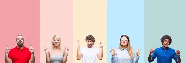 Collage Group Young People Colorful Vintage Isolated Background Smiling Crossing — Stock Photo, Image
