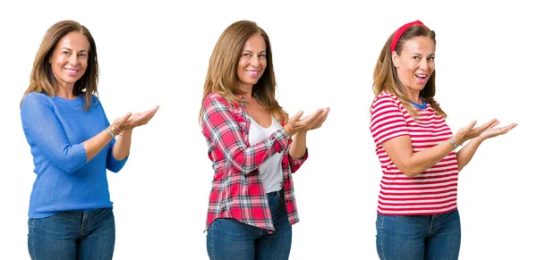 Collage Van Mooie Middelbare Leeftijd Vrouw Geïsoleerde Achtergrond Wijst Naar — Stockfoto