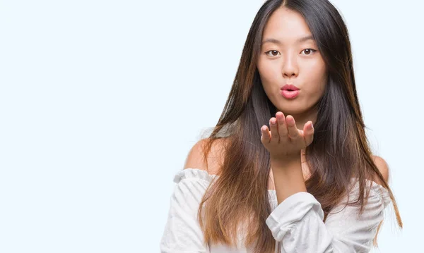 Young Asian Woman Isolated Background Looking Camera Blowing Kiss Hand — Stock Photo, Image