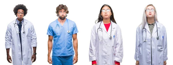 Collage Group Doctor Nurse Surgeon People Isolated Background Puffing Cheeks — Stock Photo, Image