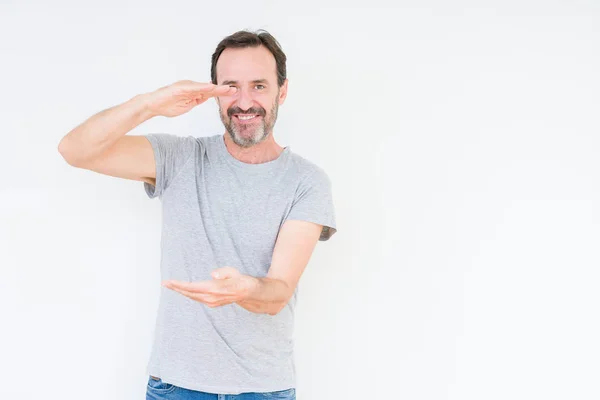 Bello Uomo Anziano Sfondo Isolato Gesticolando Con Mani Che Mostrano — Foto Stock