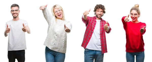 Collage Van Groep Jongeren Goedkeuring Van Witte Achtergrond Van Geïsoleerde — Stockfoto