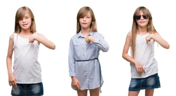 Collage Blond Flicka Kid Över Isolerade Bakgrund Med Överraskning Ansikte — Stockfoto