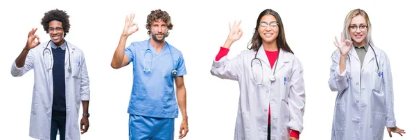 看護師 外科医人の手と指で サインをしている肯定的な笑みを浮かべて孤立の背景の上のグループのコラージュ 成功した式 — ストック写真