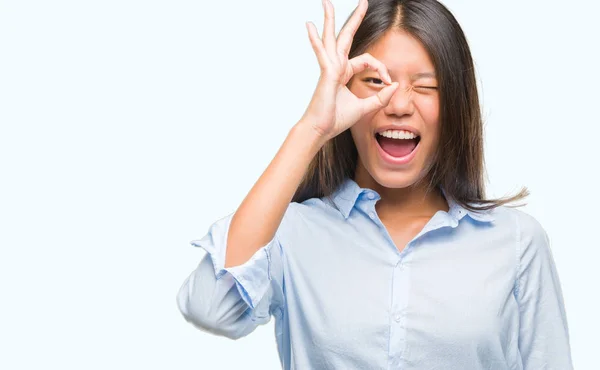 Jonge Aziatische Zakenvrouw Geïsoleerde Achtergrond Doen Gebaar Met Hand Glimlachen — Stockfoto