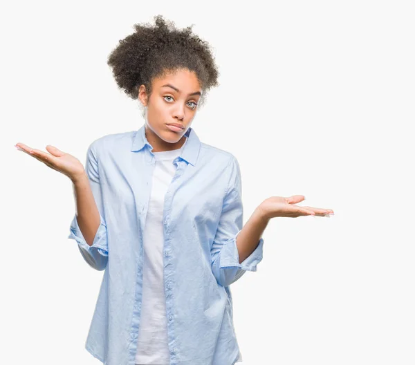 Jovem Afro Americana Sobre Fundo Isolado Expressão Indolor Confuso Com — Fotografia de Stock