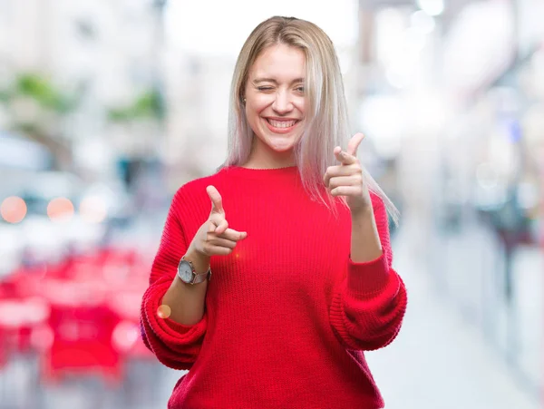 Giovane Donna Bionda Che Indossa Maglione Invernale Sfondo Isolato Puntando — Foto Stock