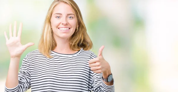 Beautiful Young Woman Wearing Stripes Sweater Isolated Background Showing Pointing — Stock Photo, Image