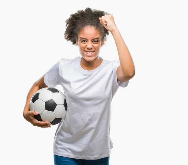 Jeune Belle Afro Américain Tenant Ballon Football Sur Fond Isolé — Photo